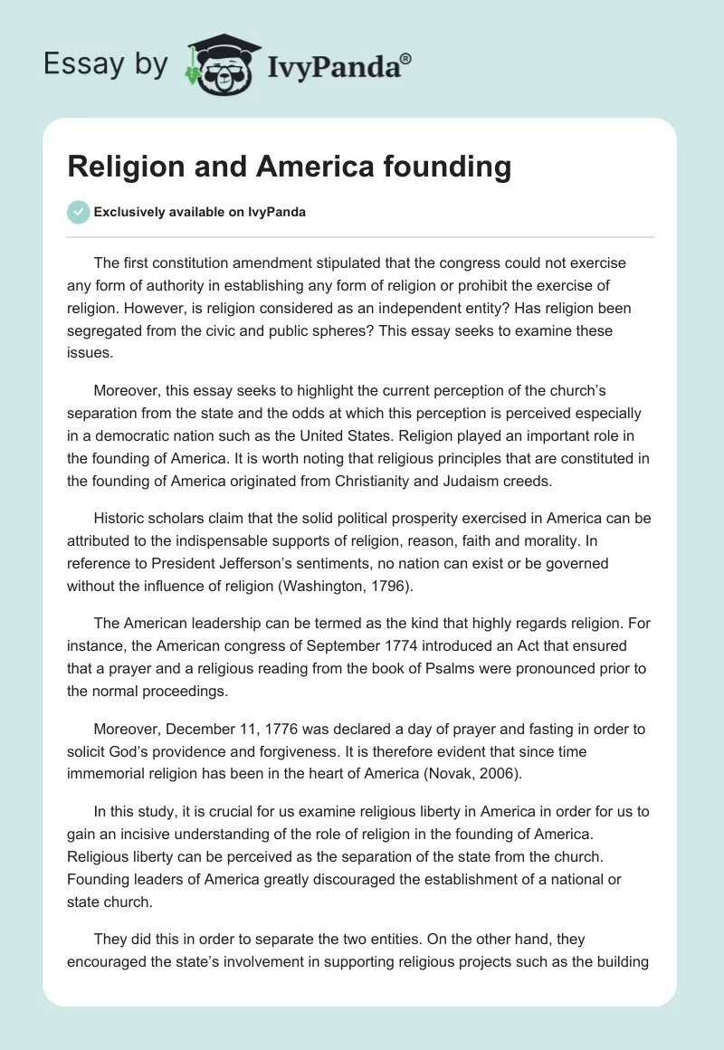 Religion and America founding. Page 1