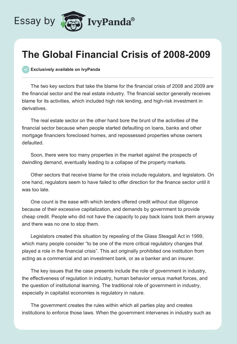 The Global Financial Crisis of 2008-2009. Page 1
