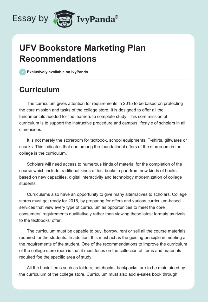 UFV Bookstore Marketing Plan Recommendations. Page 1