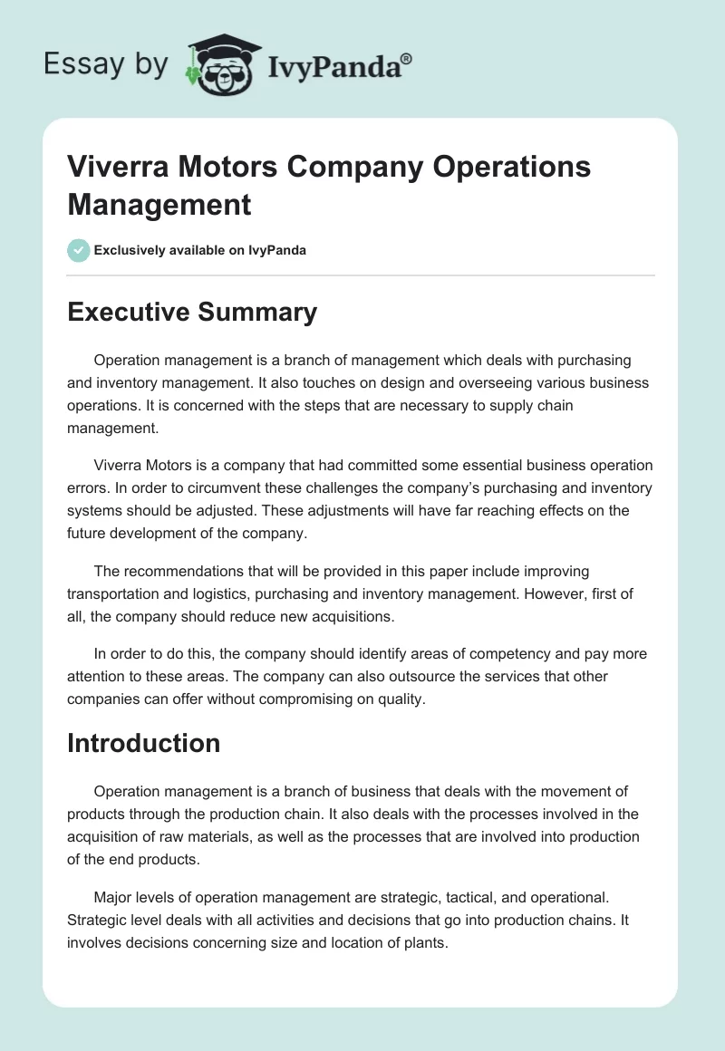 Viverra Motors Company Operations Management. Page 1