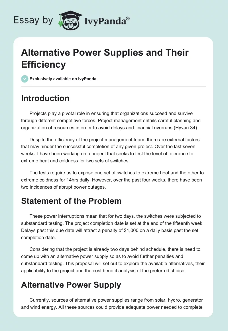 Alternative Power Supplies and Their Efficiency. Page 1