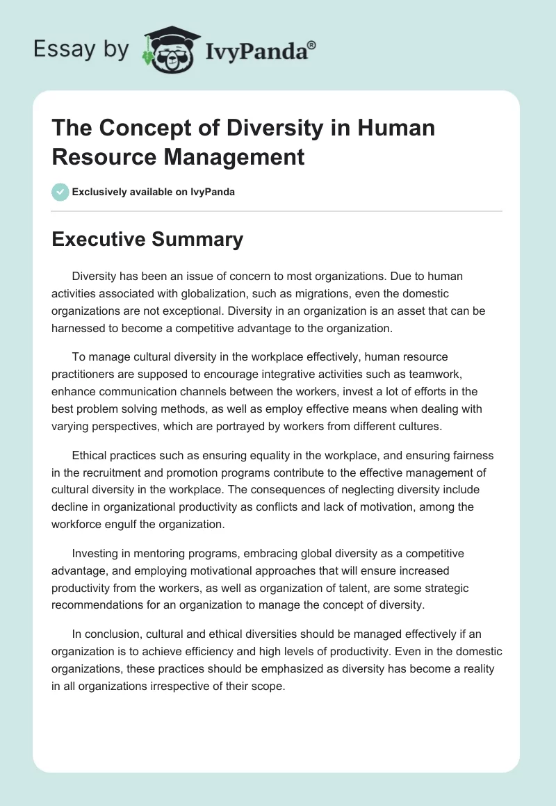 The Concept of Diversity in Human Resource Management. Page 1