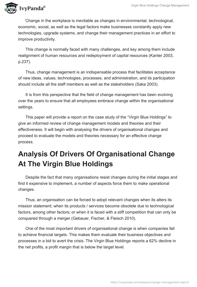 Virgin Blue Holdings Change Management. Page 2