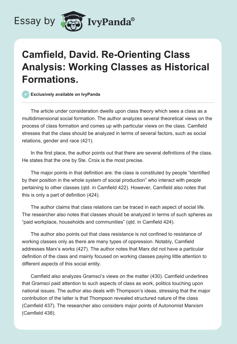 Camfield, David. "Re-Orienting Class Analysis: Working Classes as Historical Formations.". Page 1