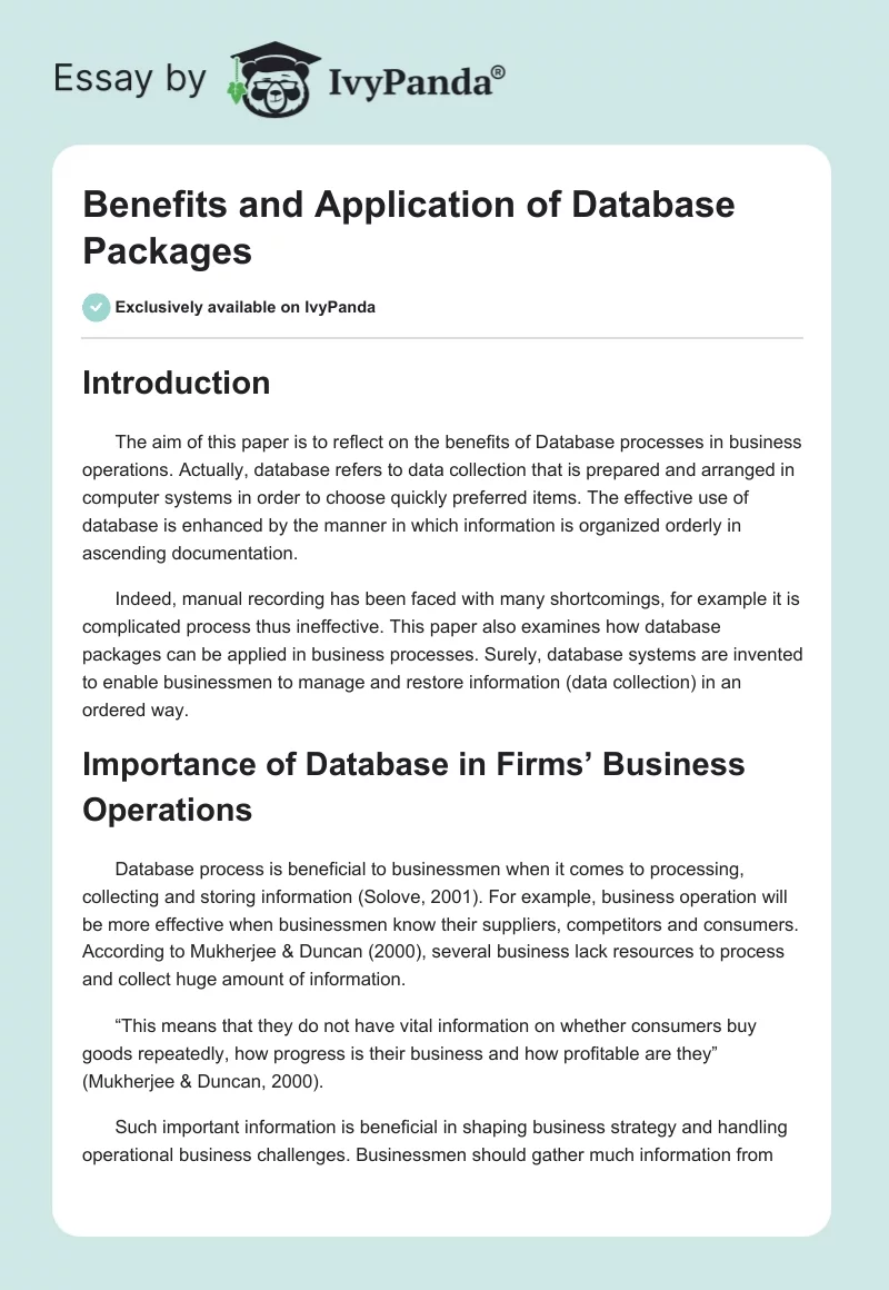 Benefits and Application of Database Packages. Page 1