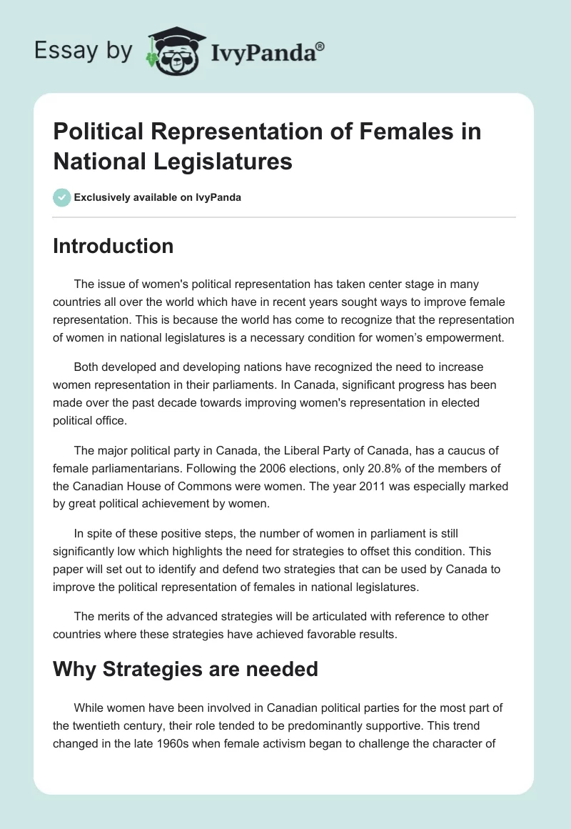 Political Representation of Females in National Legislatures. Page 1