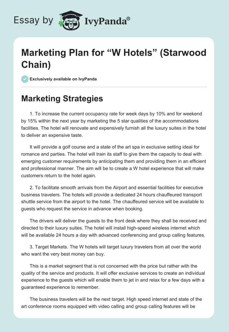 Marketing Plan for “W Hotels” (Starwood Chain). Page 1