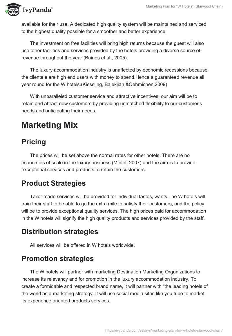 Marketing Plan for “W Hotels” (Starwood Chain). Page 2