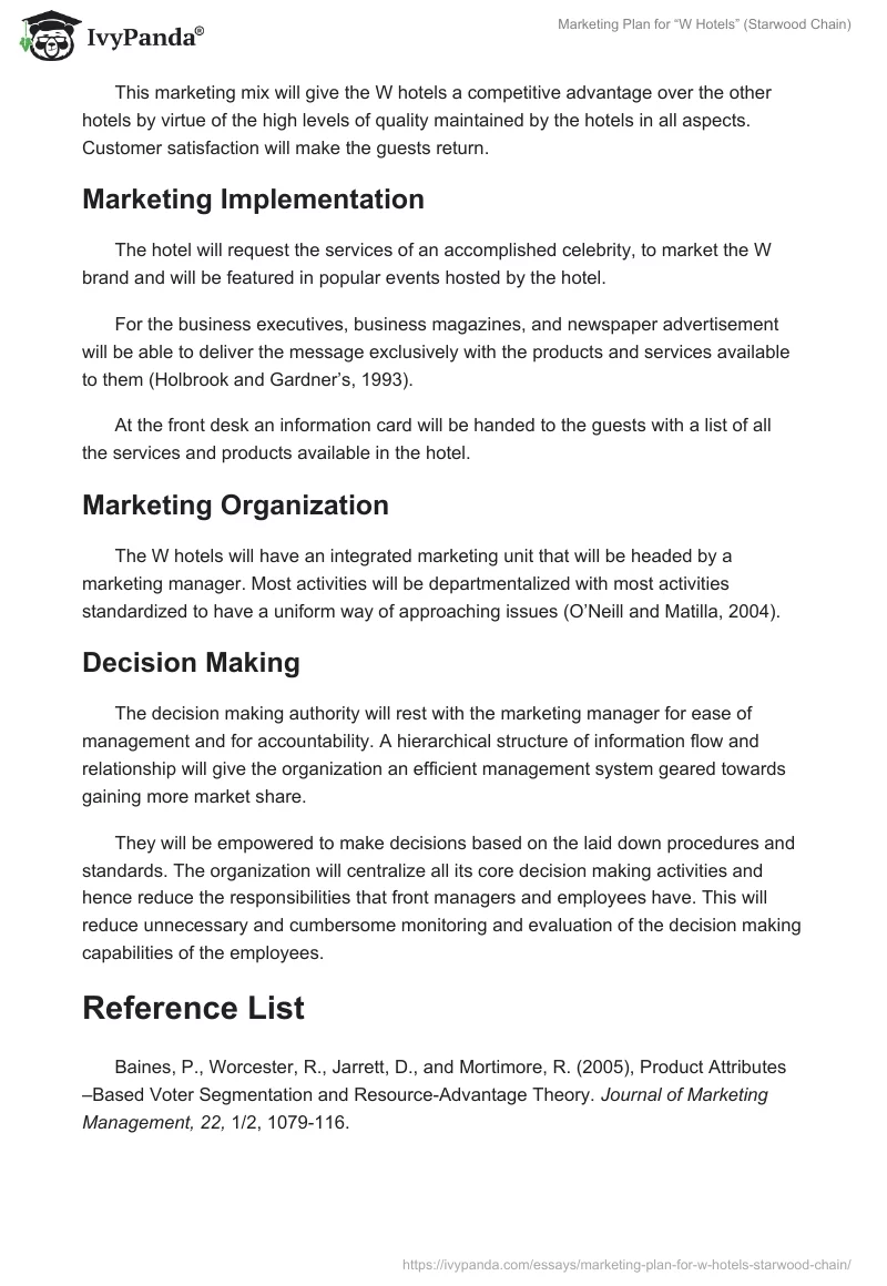 Marketing Plan for “W Hotels” (Starwood Chain). Page 3