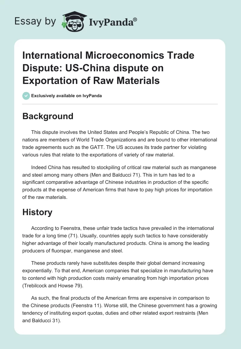 International Microeconomics Trade Dispute: US-China dispute on Exportation of Raw Materials. Page 1