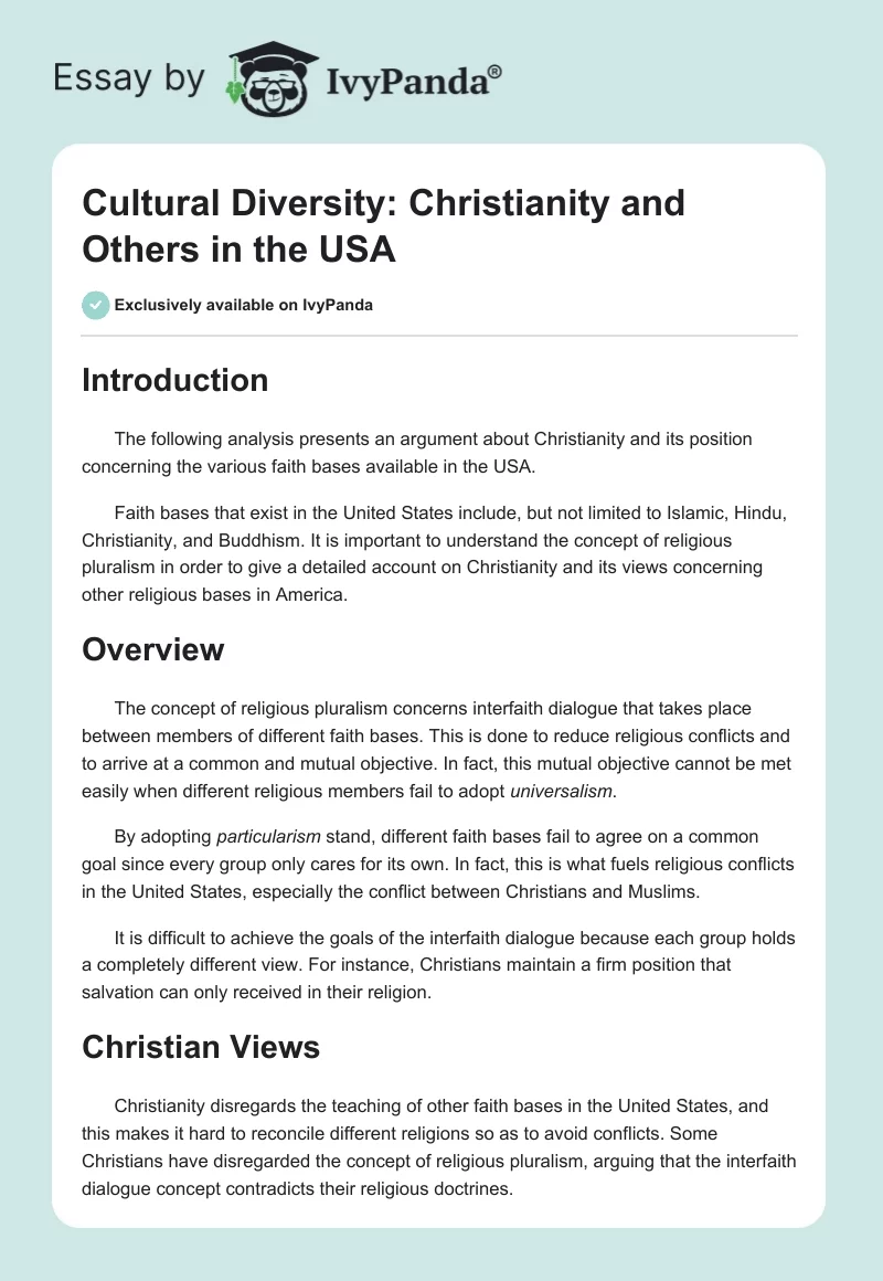 Cultural Diversity: Christianity and Others in the USA. Page 1