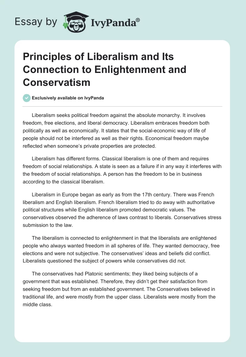 Principles of Liberalism and Its Connection to Enlightenment and Conservatism. Page 1