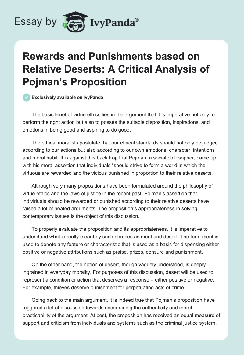 Rewards and Punishments based on Relative Deserts: A Critical Analysis of Pojman’s Proposition. Page 1