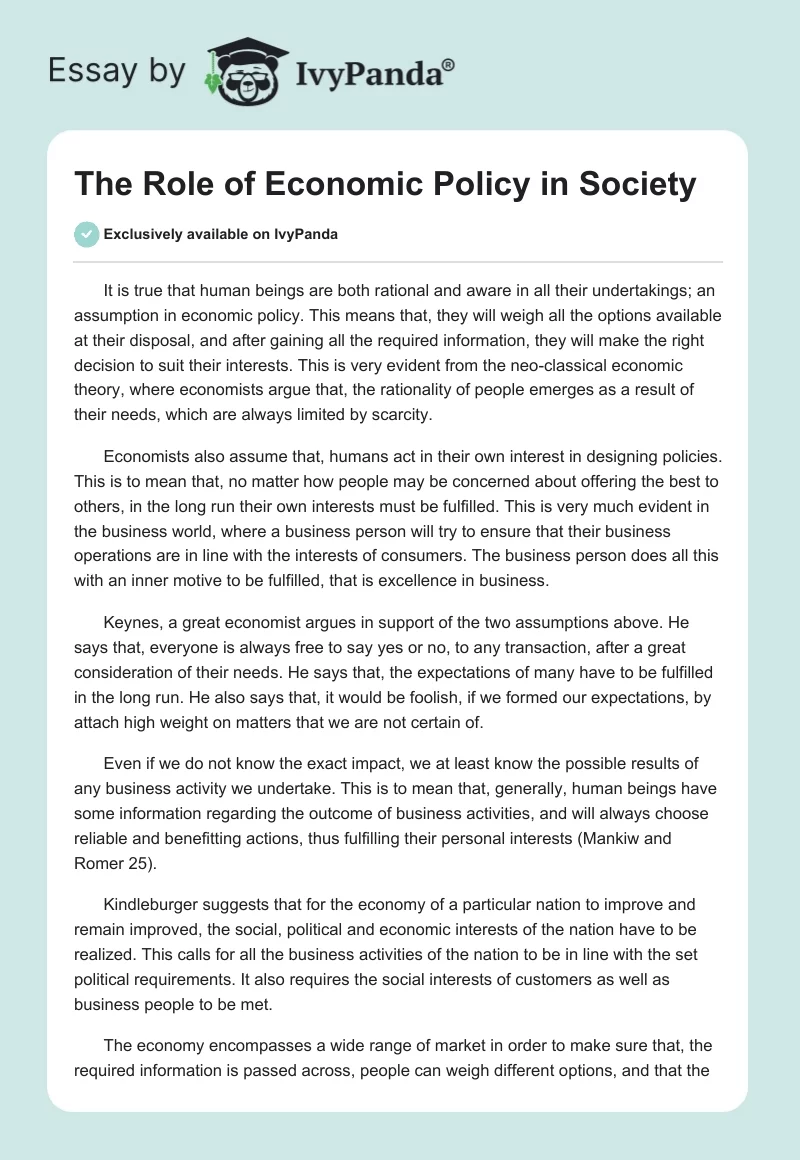 The Role of Economic Policy in Society. Page 1
