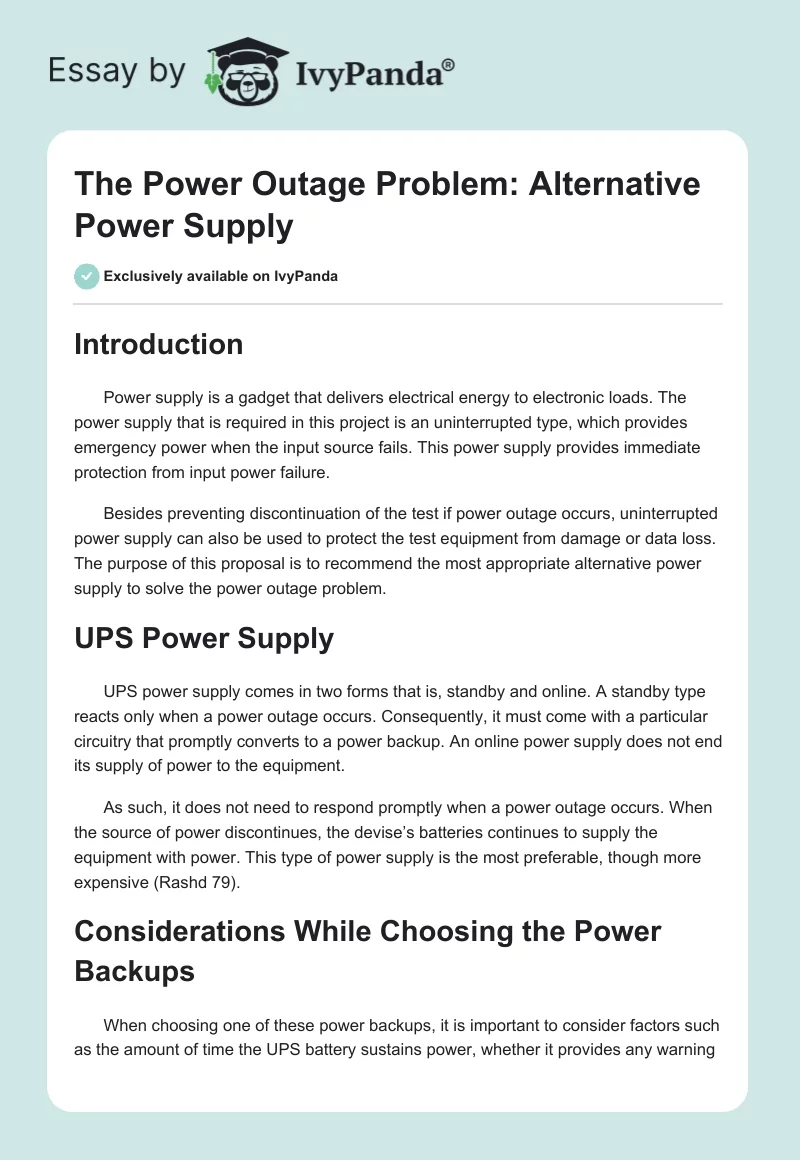 The Power Outage Problem: Alternative Power Supply. Page 1