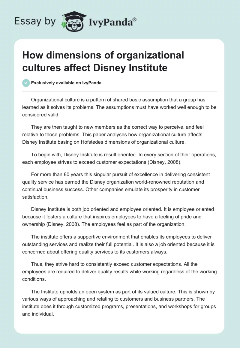 How dimensions of organizational cultures affect Disney Institute. Page 1
