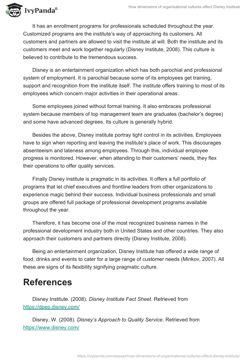 How dimensions of organizational cultures affect Disney Institute. Page 2