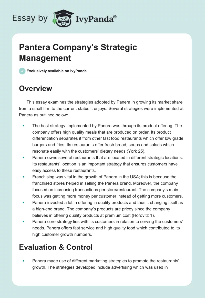 Pantera Company's Strategic Management. Page 1