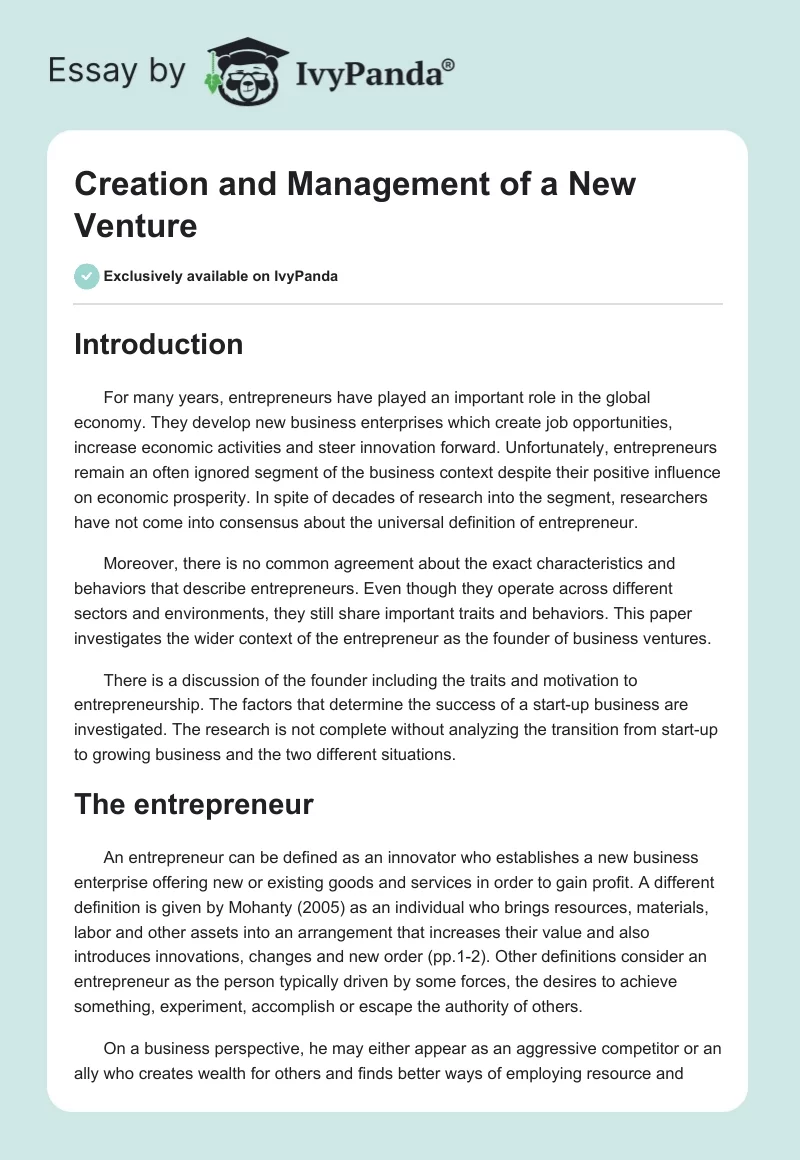 Creation and Management of a New Venture. Page 1