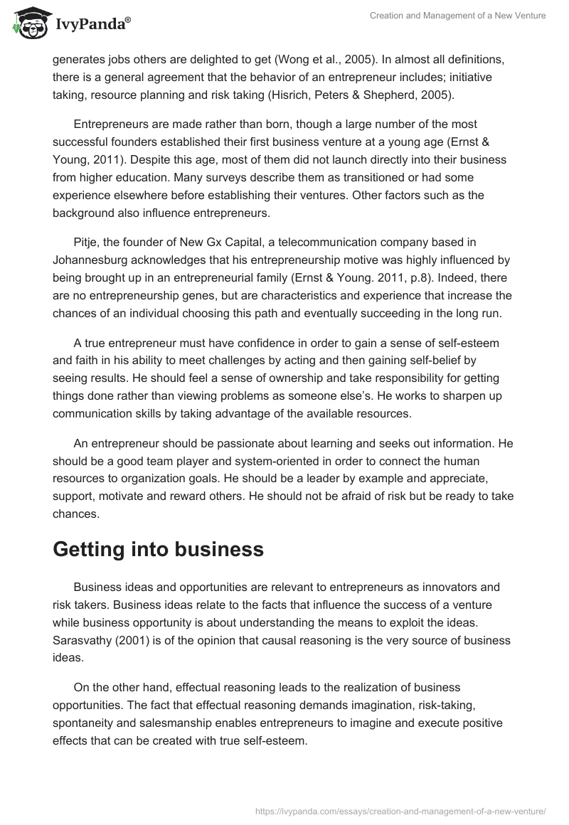 Creation and Management of a New Venture. Page 2