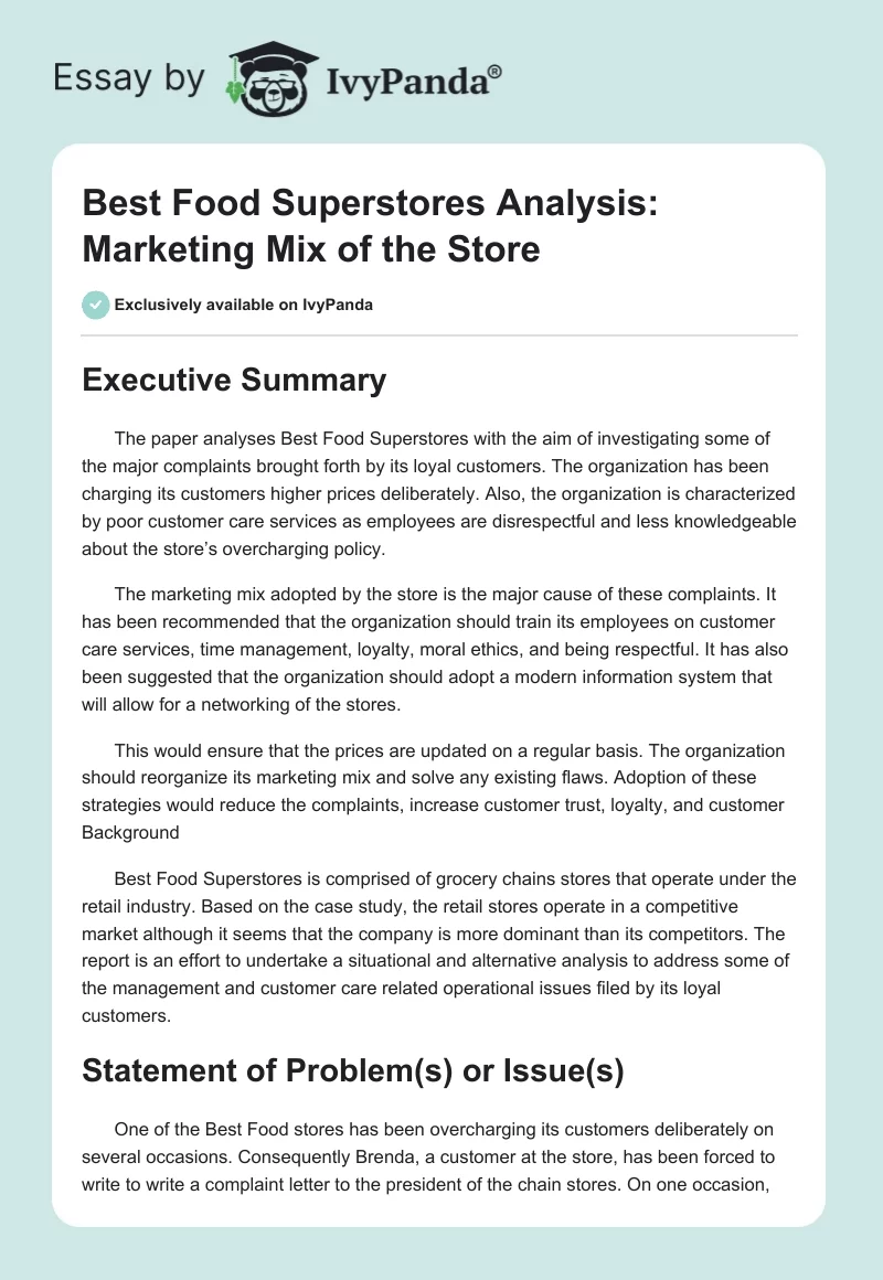 Best Food Superstores Analysis: Marketing Mix of the Store. Page 1