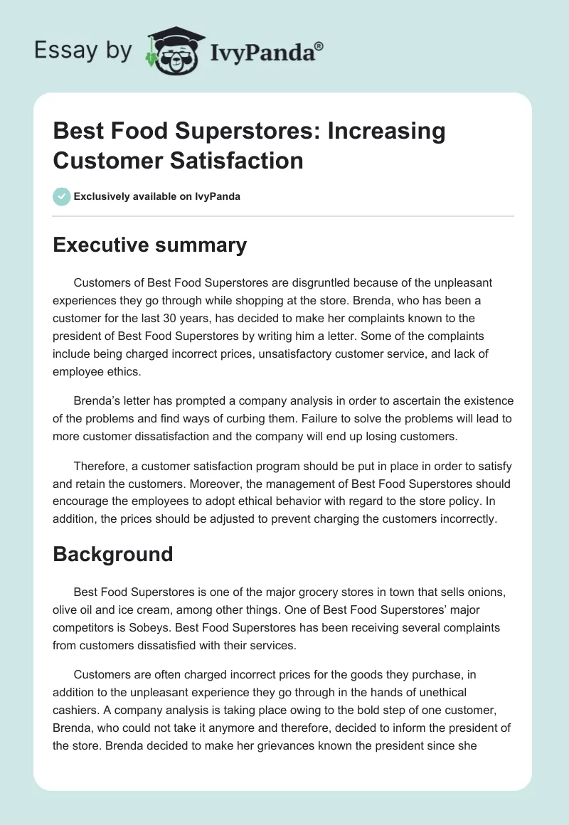 Best Food Superstores: Increasing Customer Satisfaction. Page 1