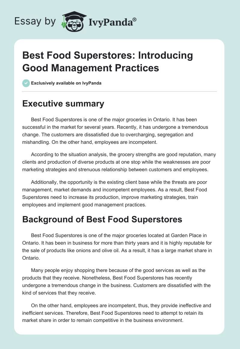 Best Food Superstores: Introducing Good Management Practices. Page 1