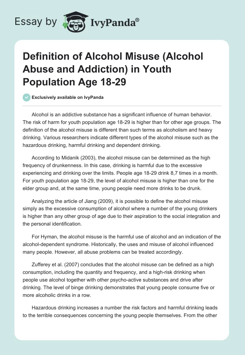 Definition of Alcohol Misuse (Alcohol Abuse and Addiction) in Youth Population Age 18-29. Page 1