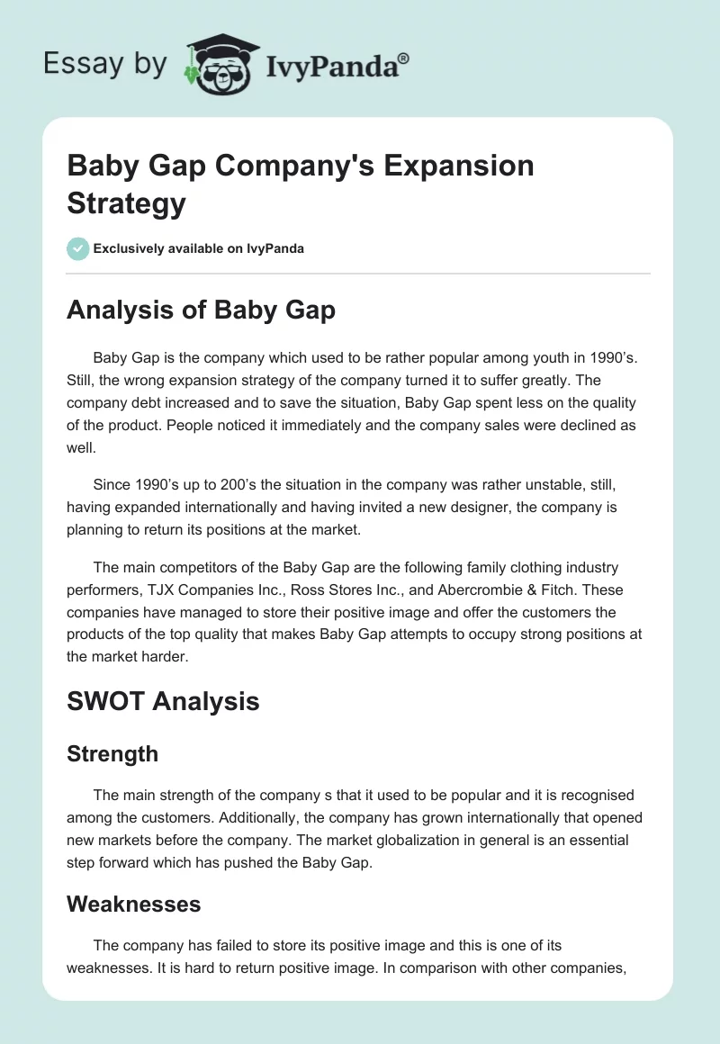 Baby Gap Company's Expansion Strategy. Page 1