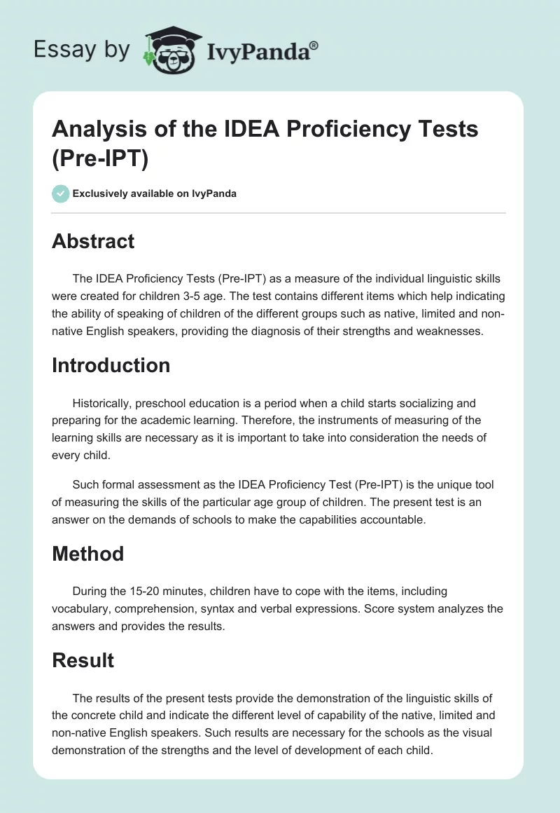 Analysis of the IDEA Proficiency Tests (Pre-IPT). Page 1