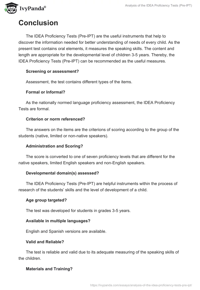 Analysis of the IDEA Proficiency Tests (Pre-IPT). Page 2
