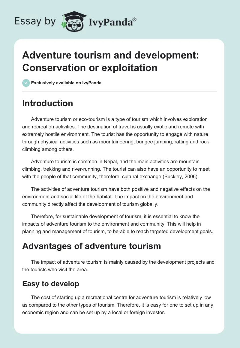 Adventure tourism and development: Conservation or exploitation. Page 1