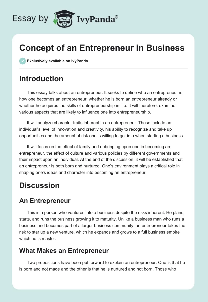 Concept of an Entrepreneur in Business. Page 1