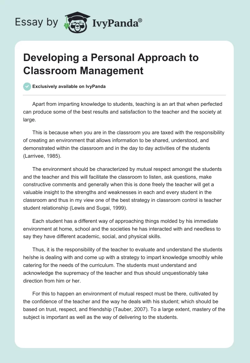 Developing a Personal Approach to Classroom Management. Page 1