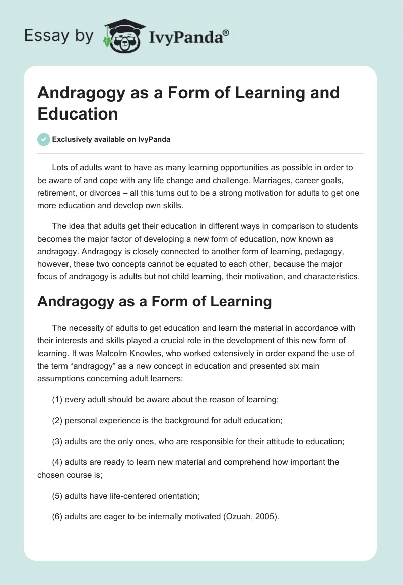 Andragogy as a Form of Learning and Education. Page 1