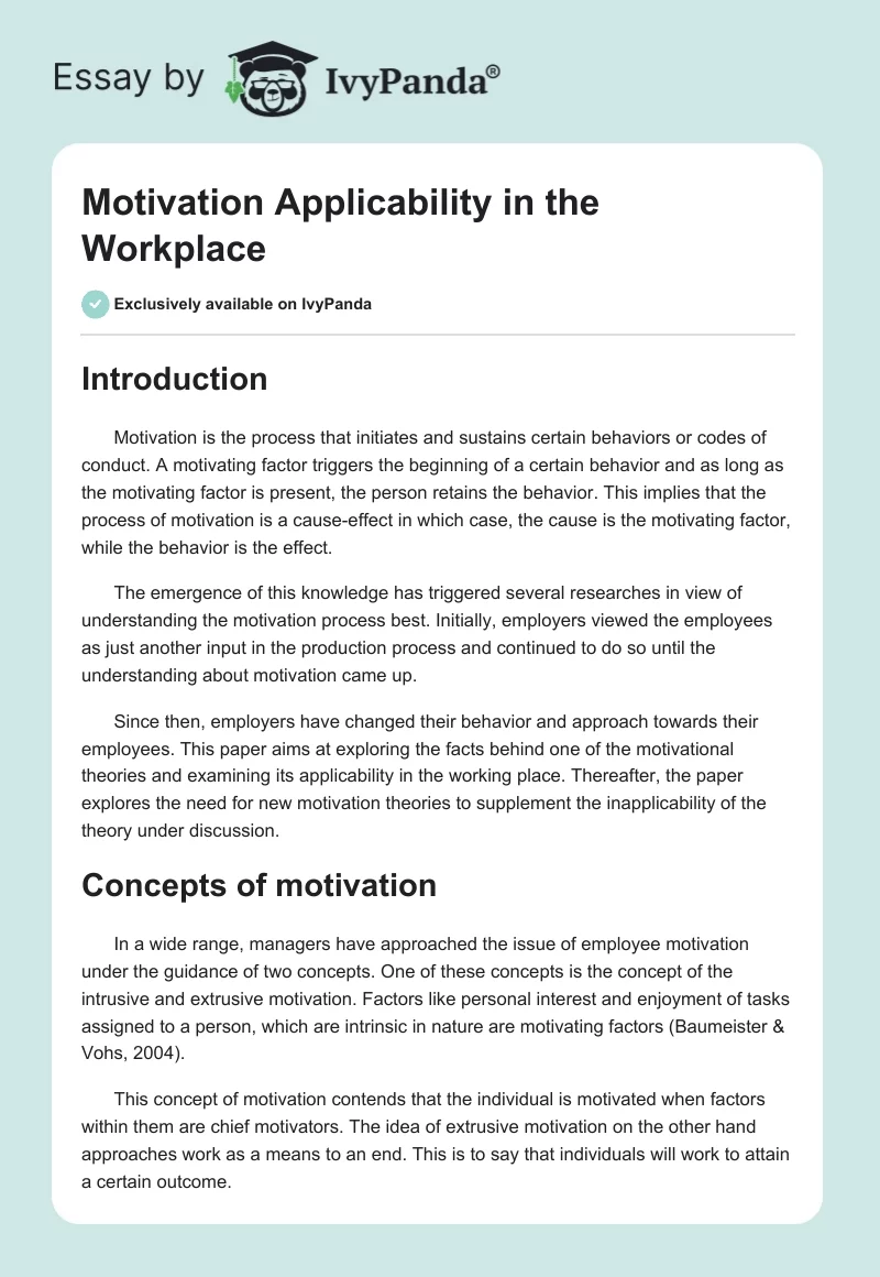 Motivation Applicability in the Workplace. Page 1