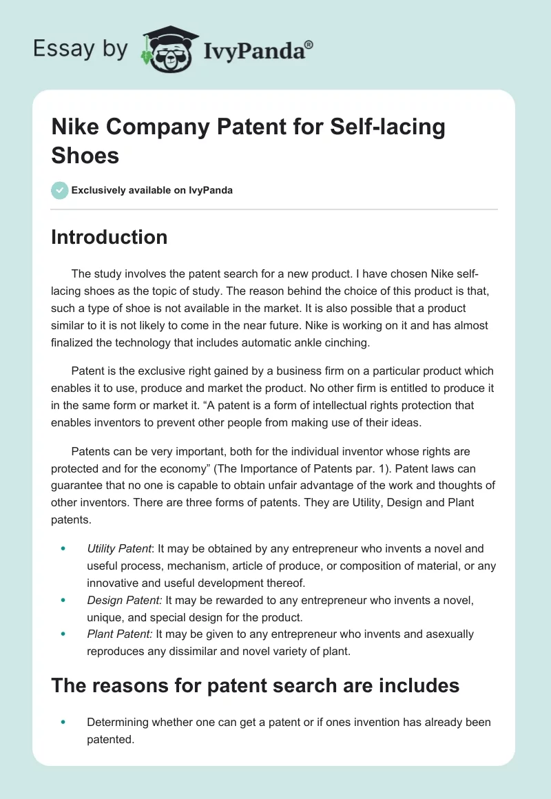 Nike Company Patent for Self-Lacing Shoes. Page 1