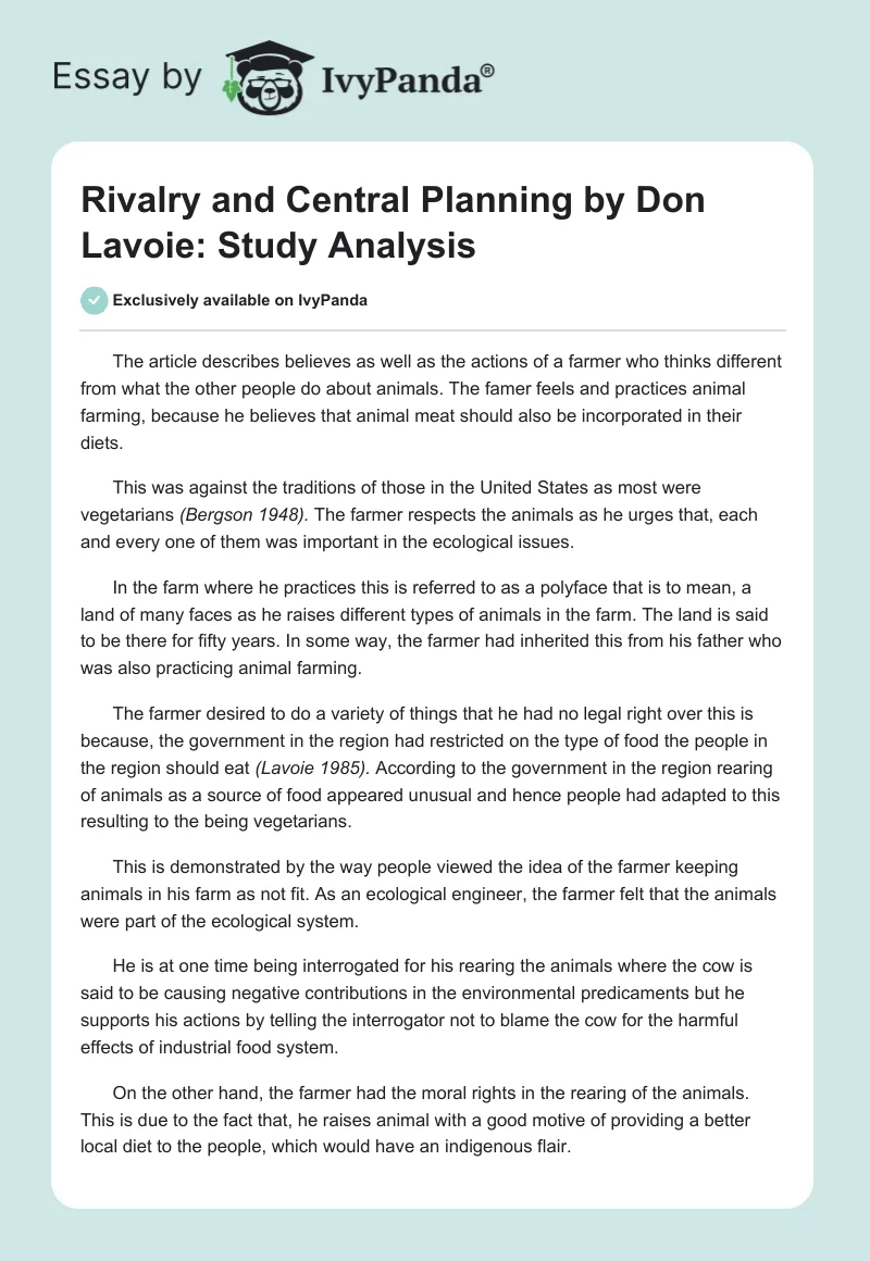 Rivalry and Central Planning by Don Lavoie: Study Analysis. Page 1