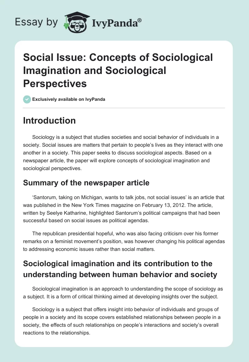 Social Issue: Concepts of Sociological Imagination and Sociological Perspectives. Page 1
