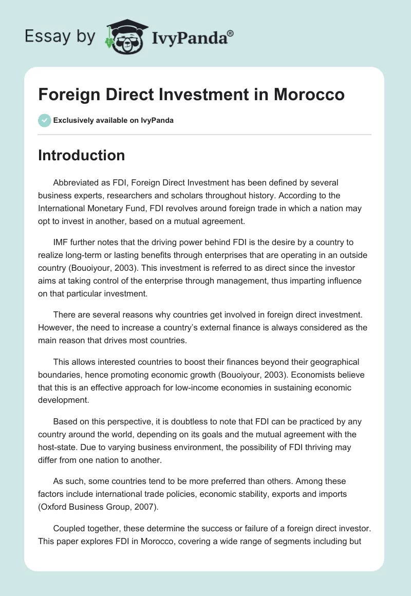 Foreign Direct Investment in Morocco. Page 1