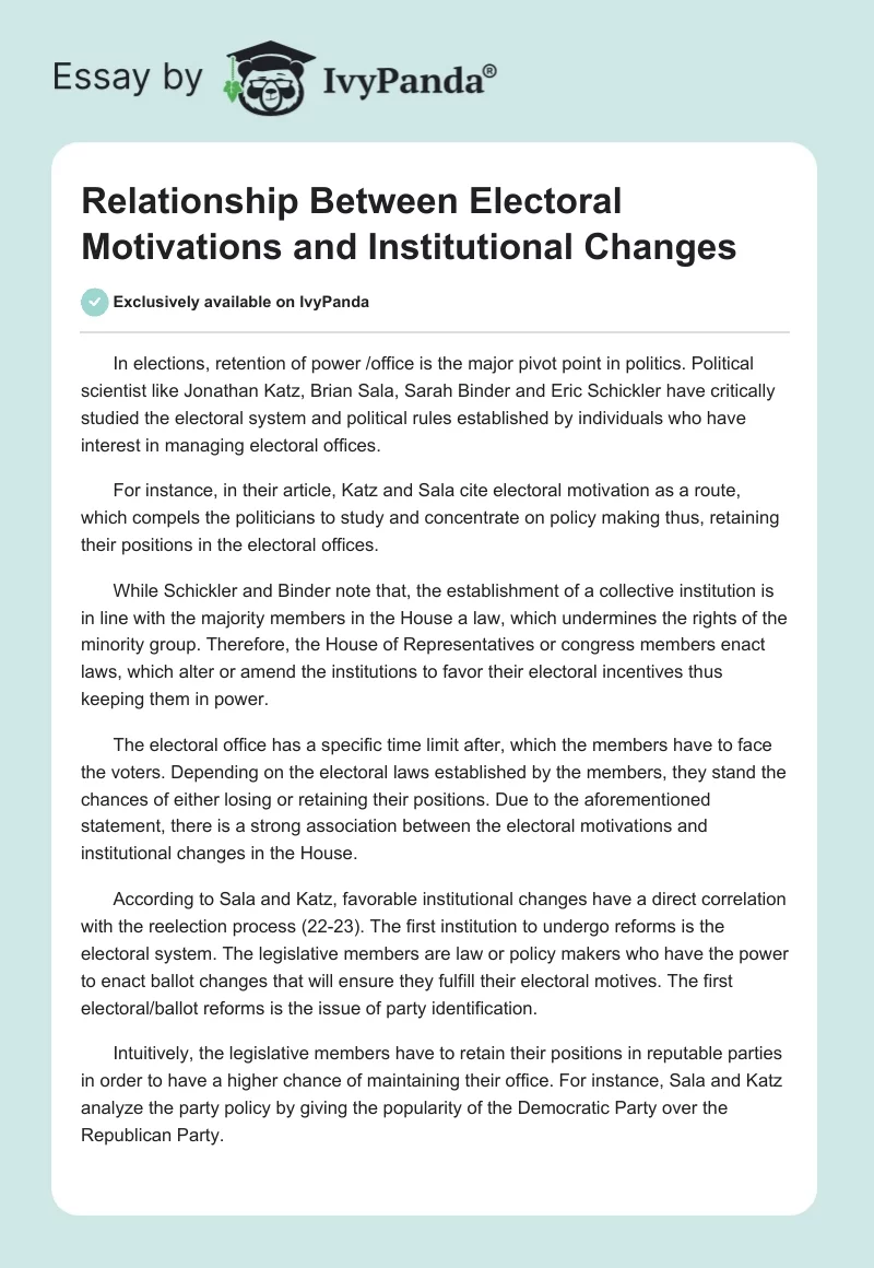 Relationship Between Electoral Motivations and Institutional Changes. Page 1