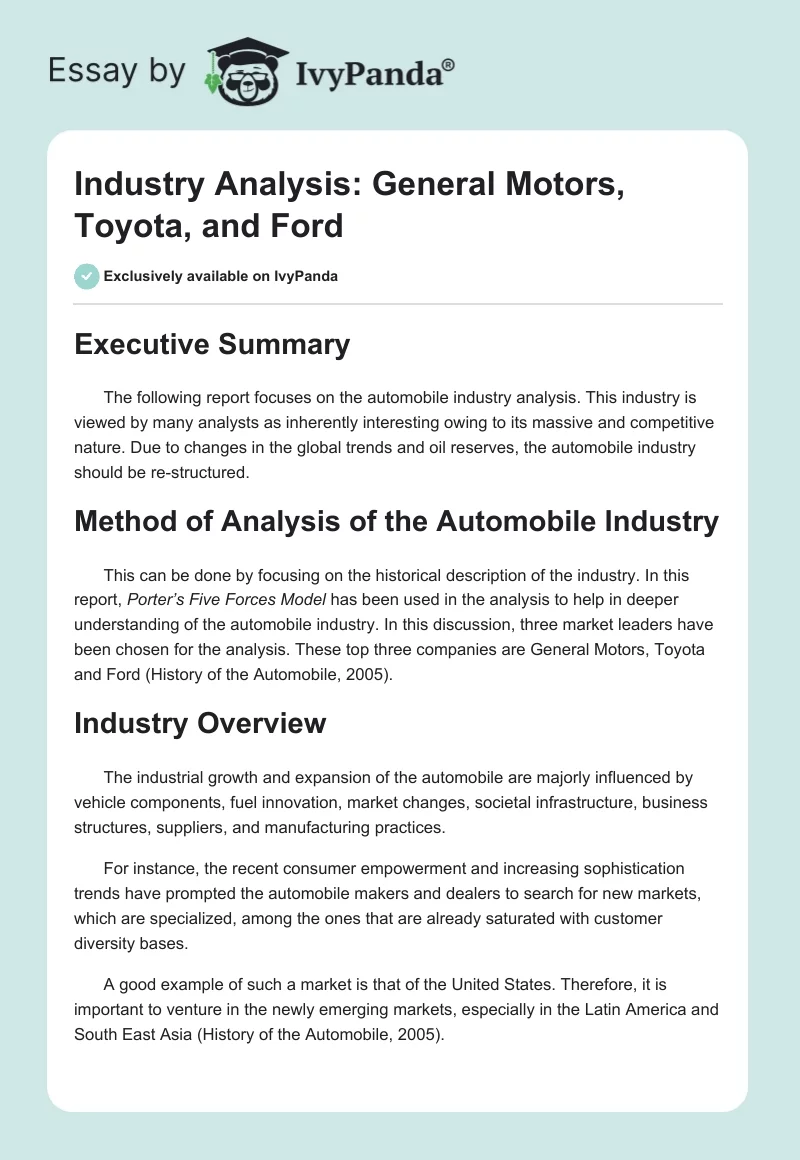 Industry Analysis: General Motors, Toyota, and Ford. Page 1