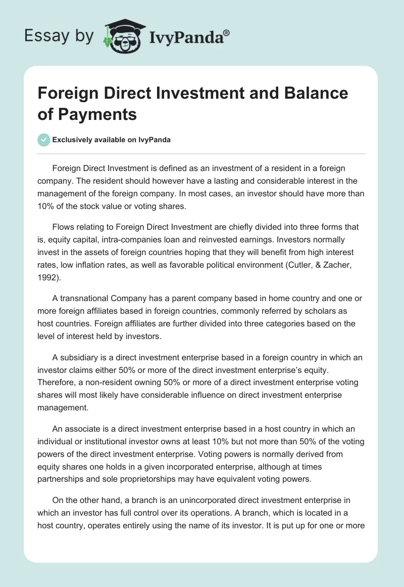 Foreign Direct Investment and Balance of Payments. Page 1