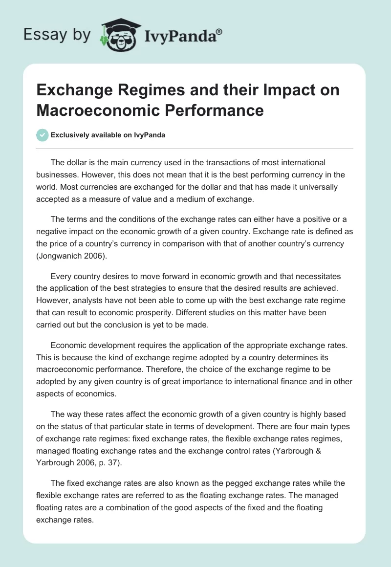 Exchange Regimes and Their Impact on Macroeconomic Performance. Page 1