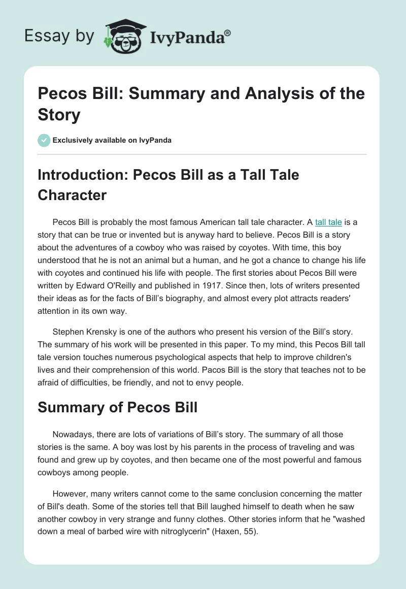 Pecos Bill: Summary and Analysis of the Story. Page 1