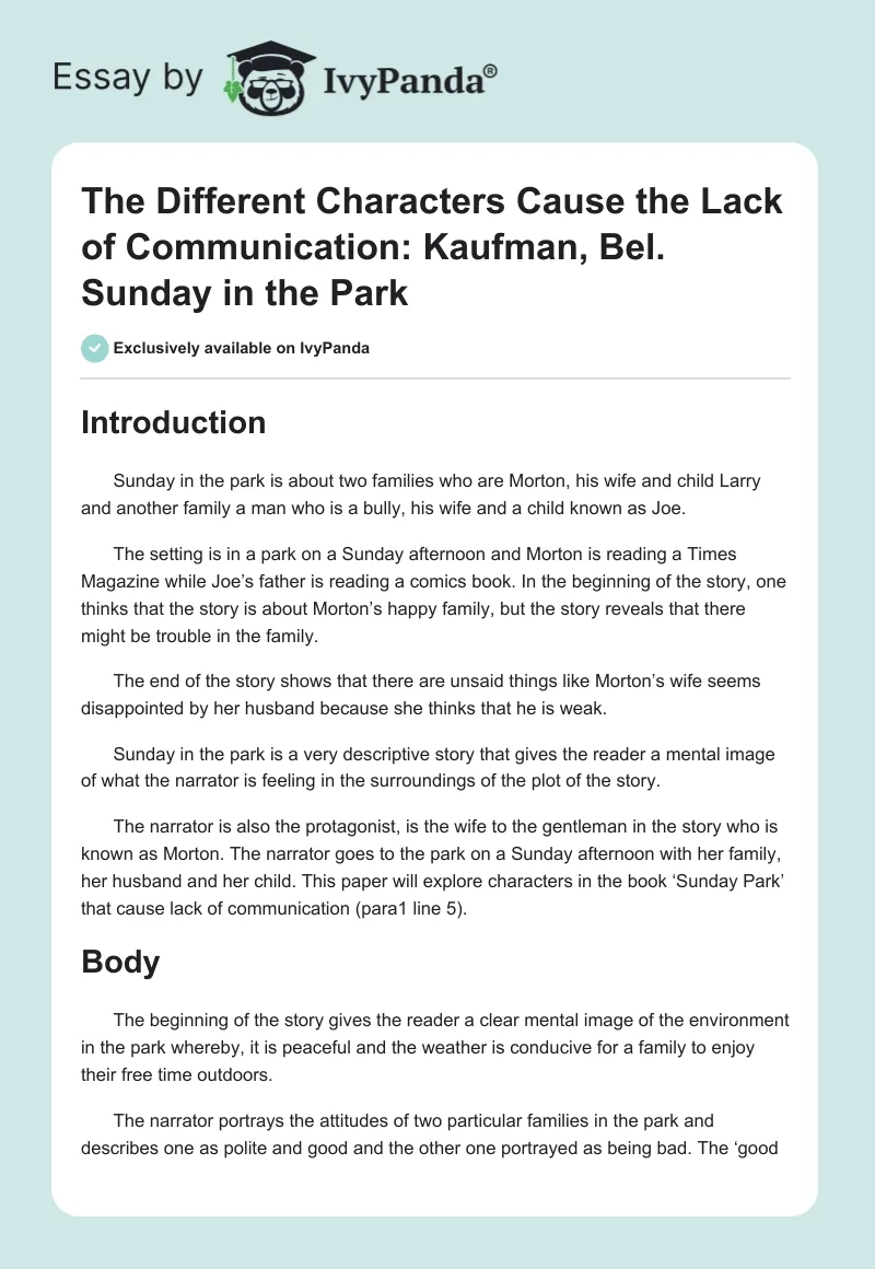 The Different Characters Cause the Lack of Communication: Kaufman, Bel. Sunday in the Park. Page 1