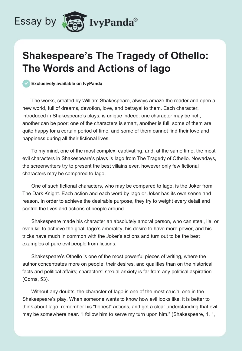 Shakespeare’s The Tragedy of Othello: The Words and Actions of Iago. Page 1