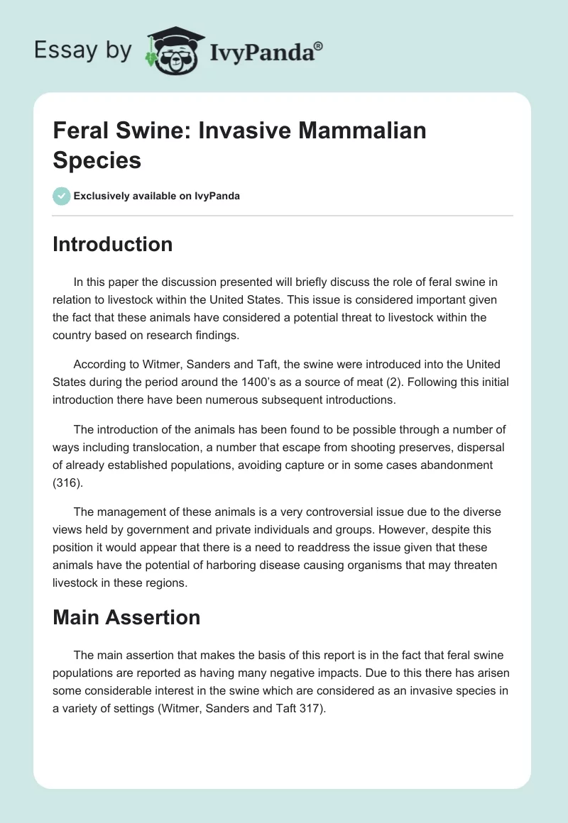 Feral Swine: Invasive Mammalian Species. Page 1