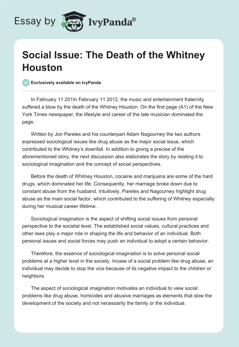 Social Issue: The Death of the Whitney Houston. Page 1
