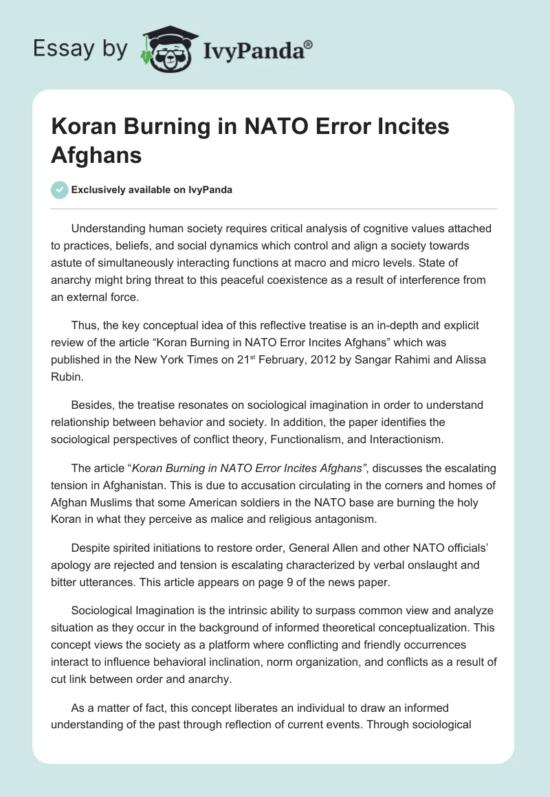 Koran Burning in NATO Error Incites Afghans. Page 1